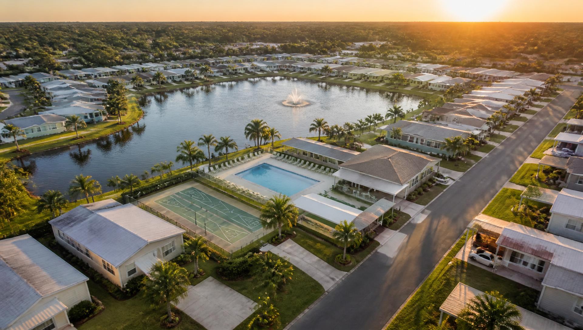 Aerial view of a Central Florida manufactured home community with a lake, pool and shuffleboard courts at sunset
